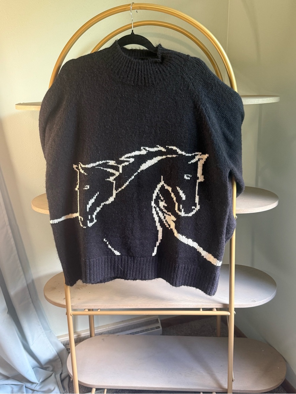 Lisa Says Gah Black Crewneck Sweater with White Horse Intarsia